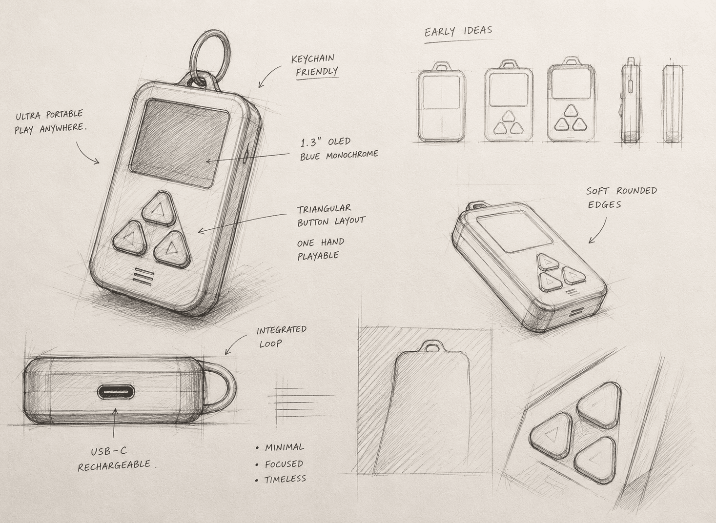 Pencil concept sketches of PocketPixel: keychain loop, 1.3 inch OLED, triangular button layout and USB-C port