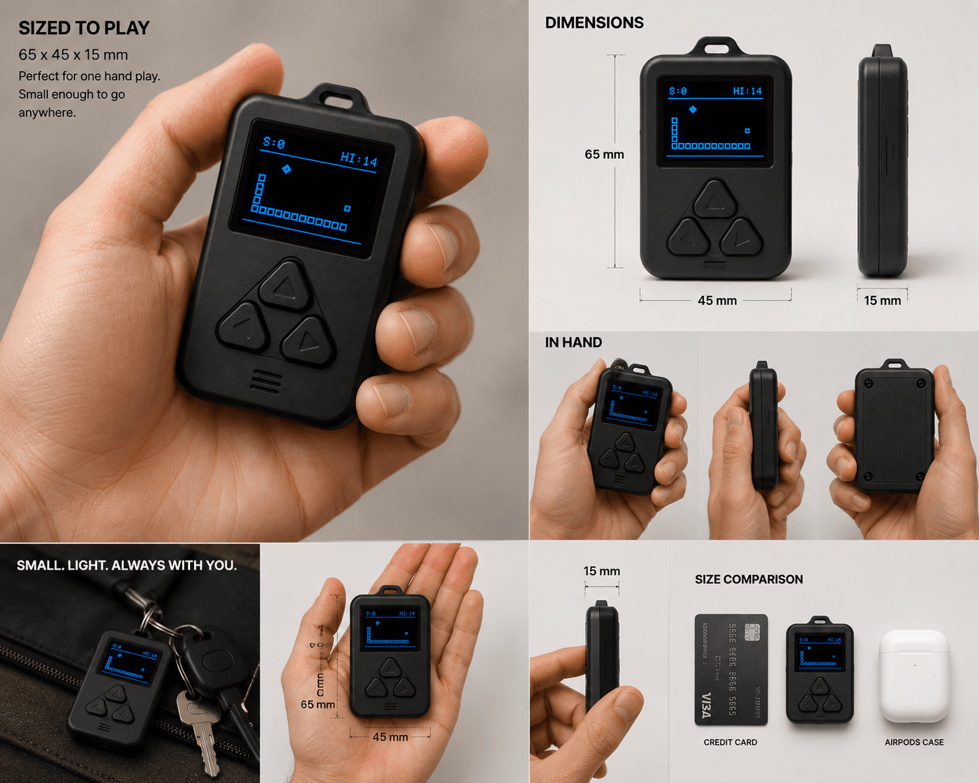 PocketPixel measured at 65 by 45 by 15 millimetres, shown in hand and next to a credit card and an AirPods case
