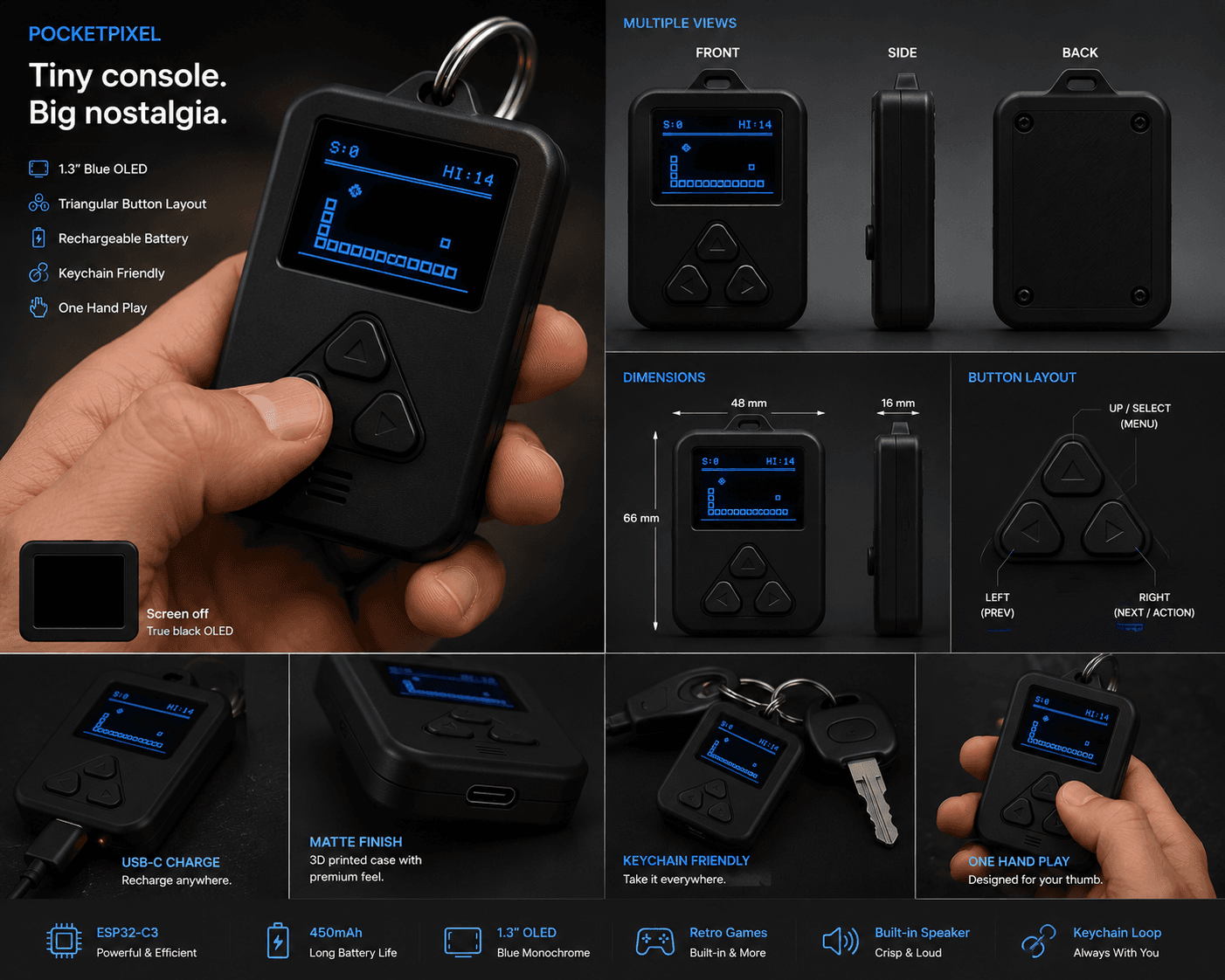 PocketPixel specification sheet: front, side and back views, dimensions, button layout, USB-C charging, matte finish, keychain and one-hand use, with ESP32-C3, 450 mAh battery, 1.3 inch OLED and built-in speaker