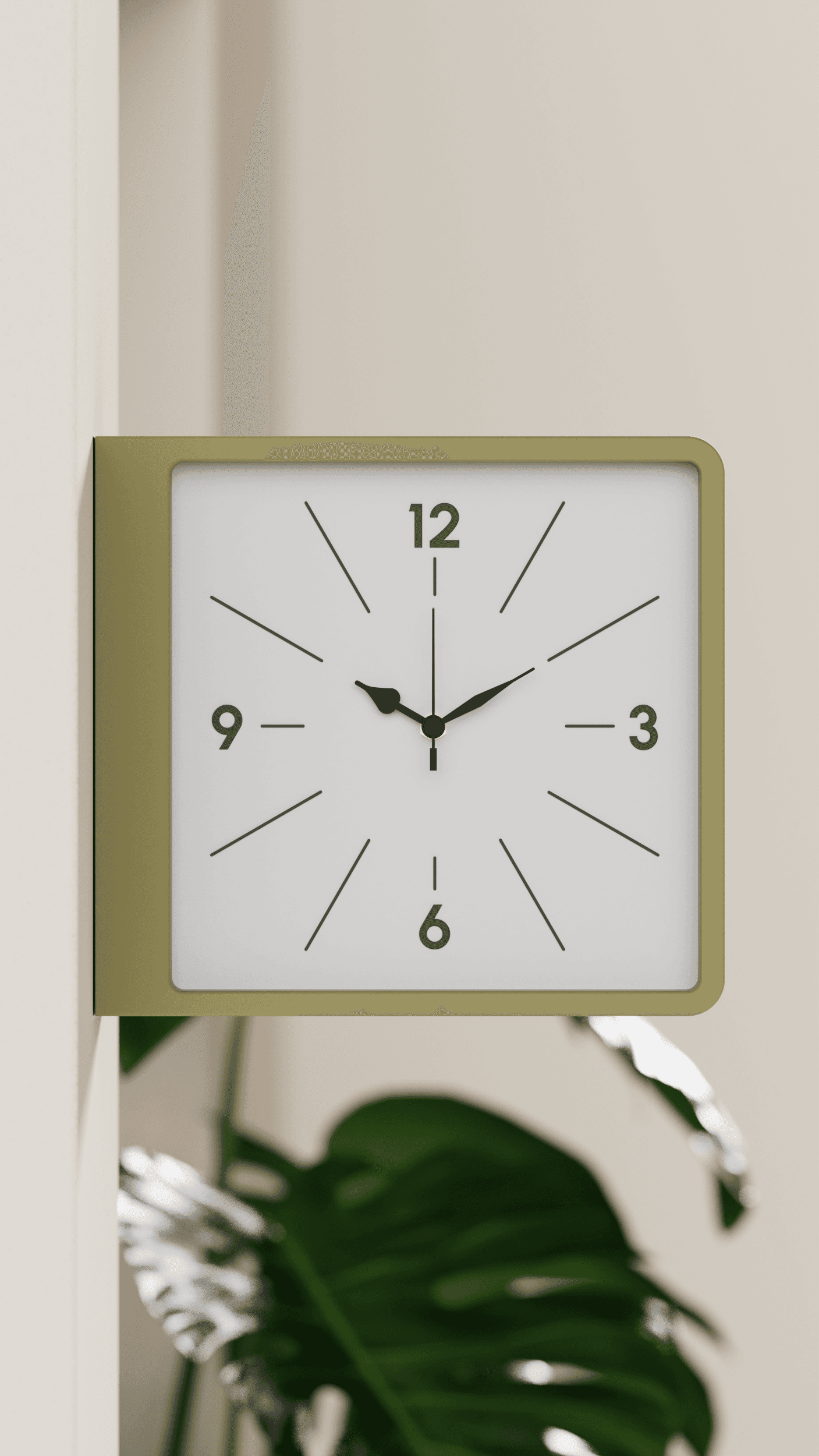 MASU wall clock, closer view of the olive green dial and hands