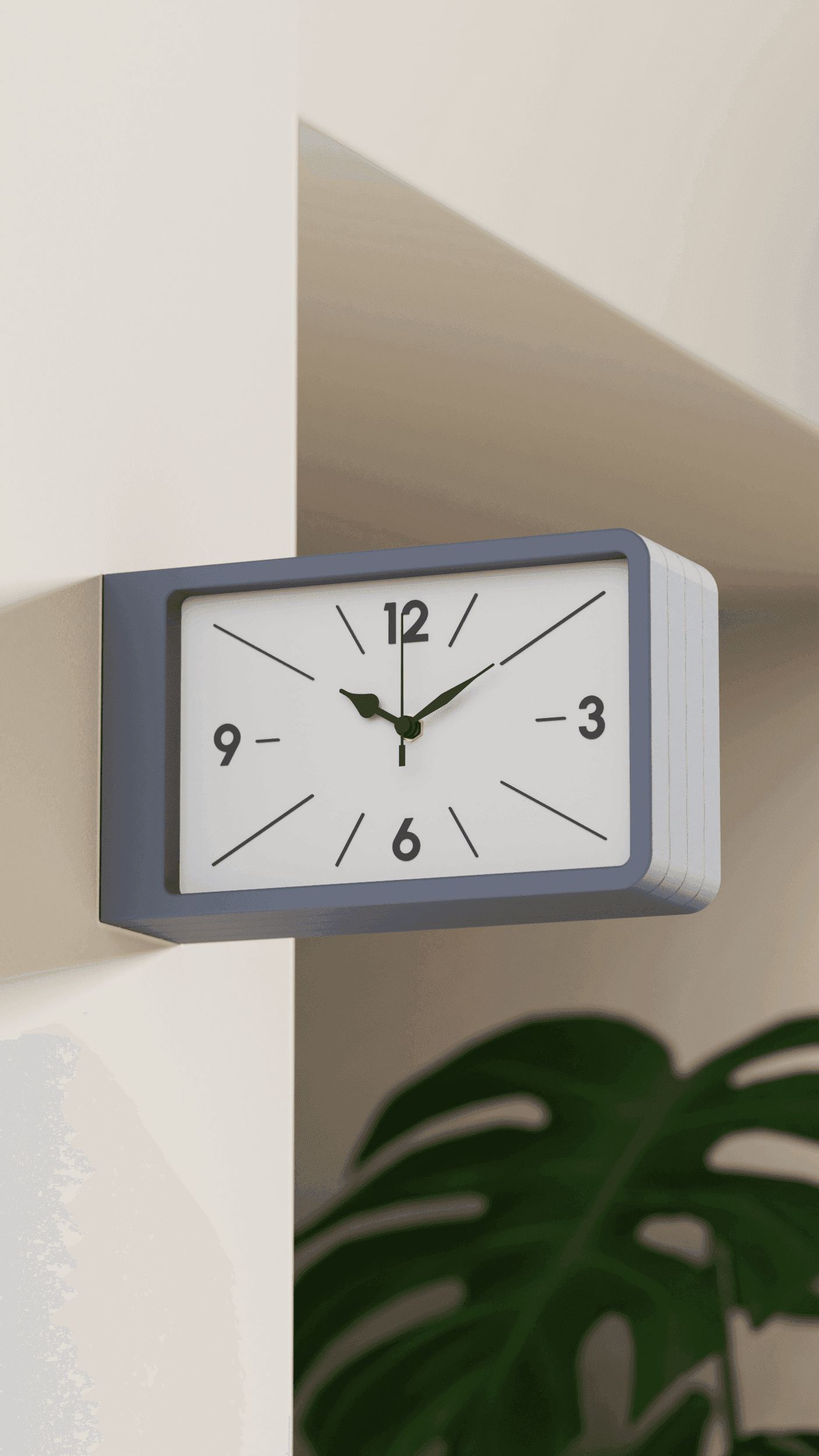 QUADRA rectangular wall clock in slate blue, mounted on a wall